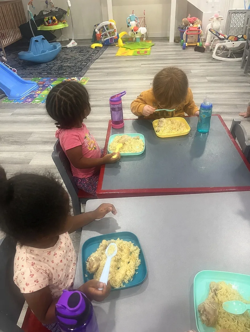 Lunch together at the little tables.