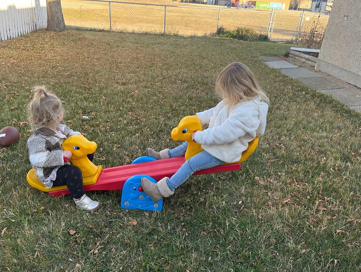 Seesaw fun on the grass in our yard.