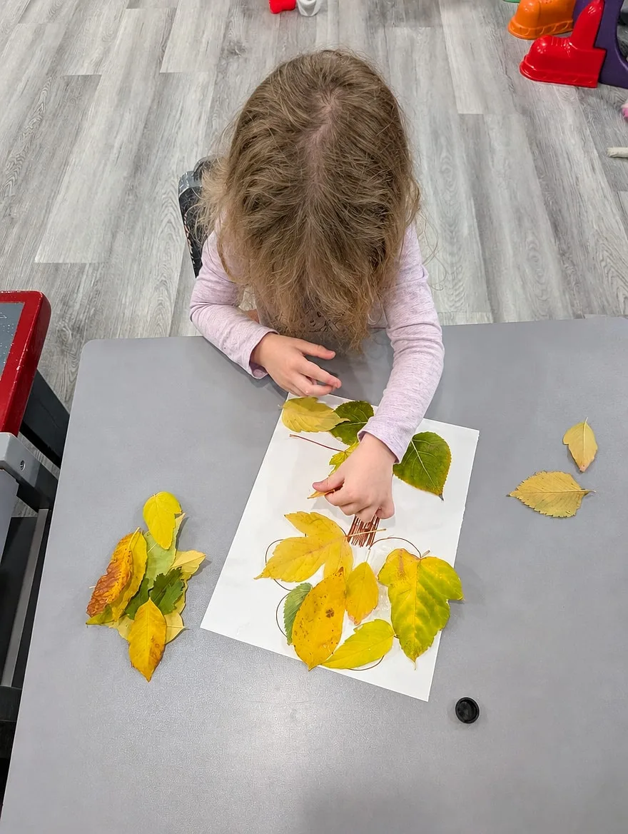 Making a picture with autumn leaves.
