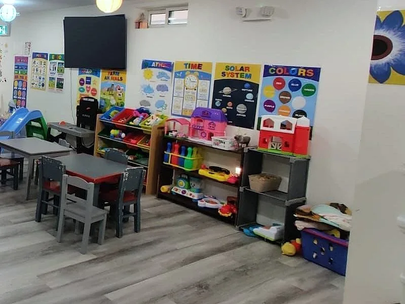 Learning posters, toy shelves and work tables.